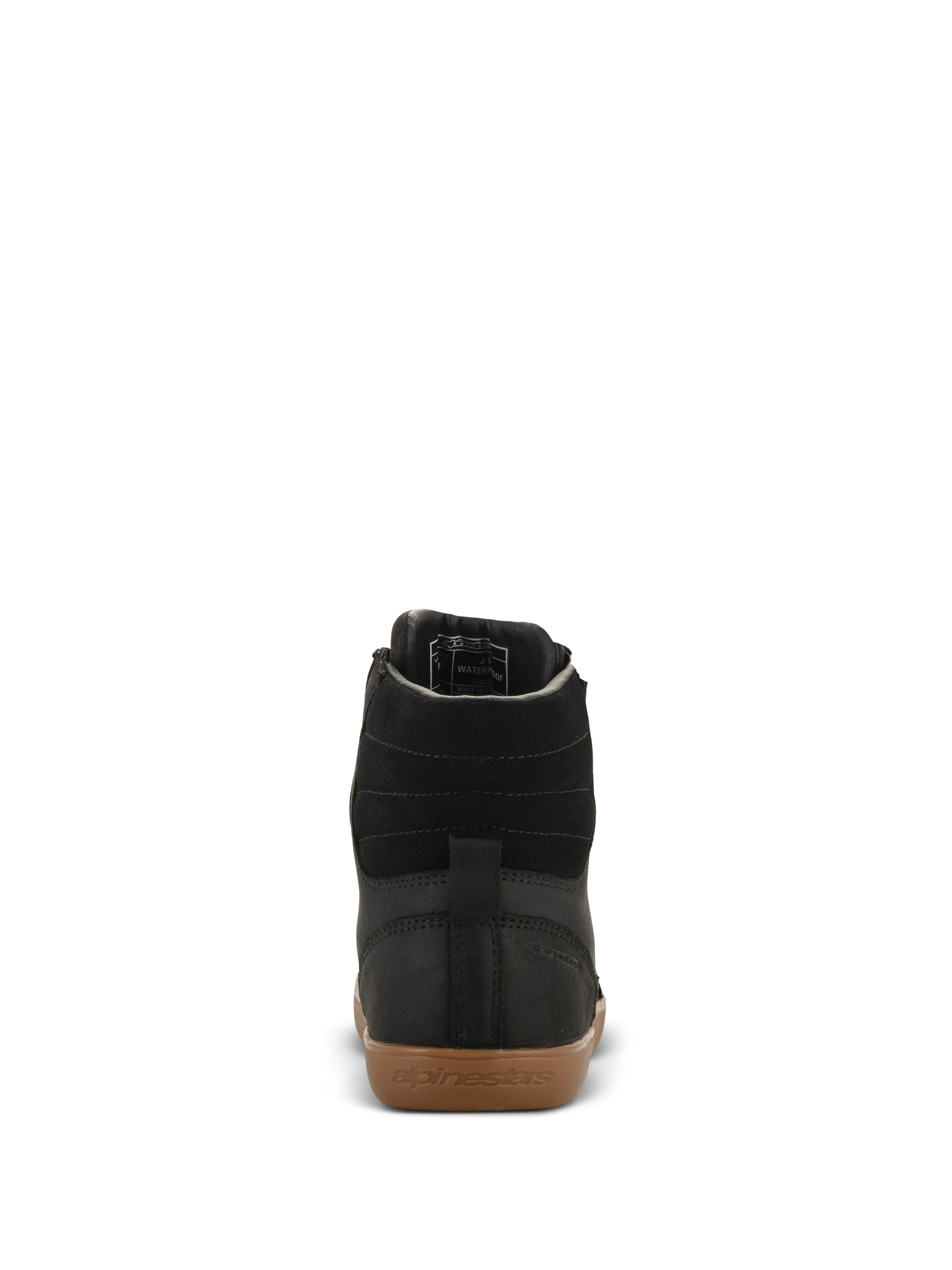 Alpinestars J-6 Waterproof Shoe, Motorcycle Riding Shoe, Black and Gum, Rear view featuring high-quality black leather upper, horizontal ankle stitching, and gum rubber sole with embossed Alpinestars branding.