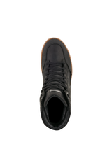 Alpinestars J-6 Waterproof Shoe, Black Gum, Top-down view, black leather motorcycle riding shoe with gum-colored rubber sole, sneaker-style urban gear with black laces