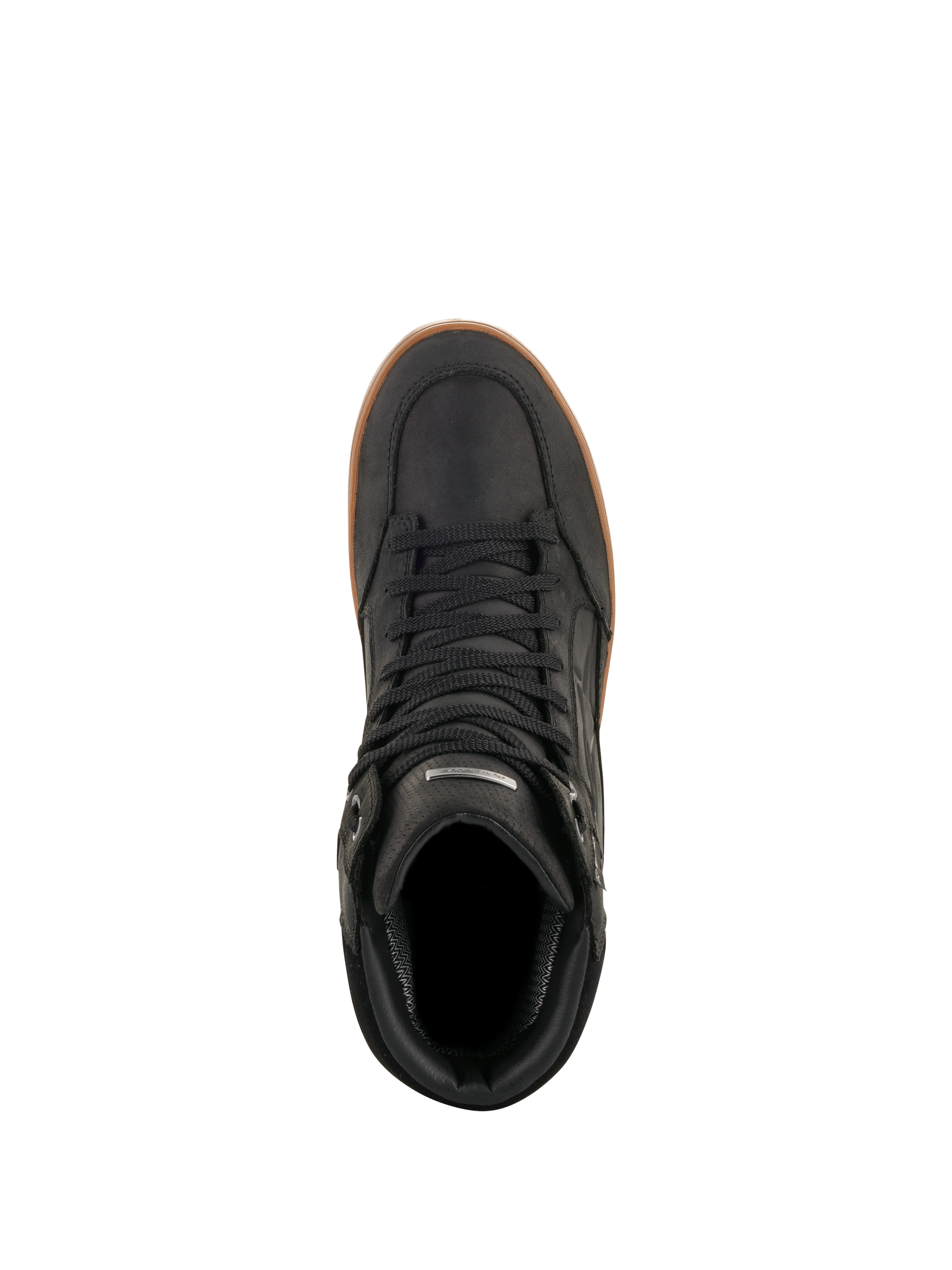 Alpinestars J-6 Waterproof Shoe, Black Gum, Top-down view, black leather motorcycle riding shoe with gum-colored rubber sole, sneaker-style urban gear with black laces