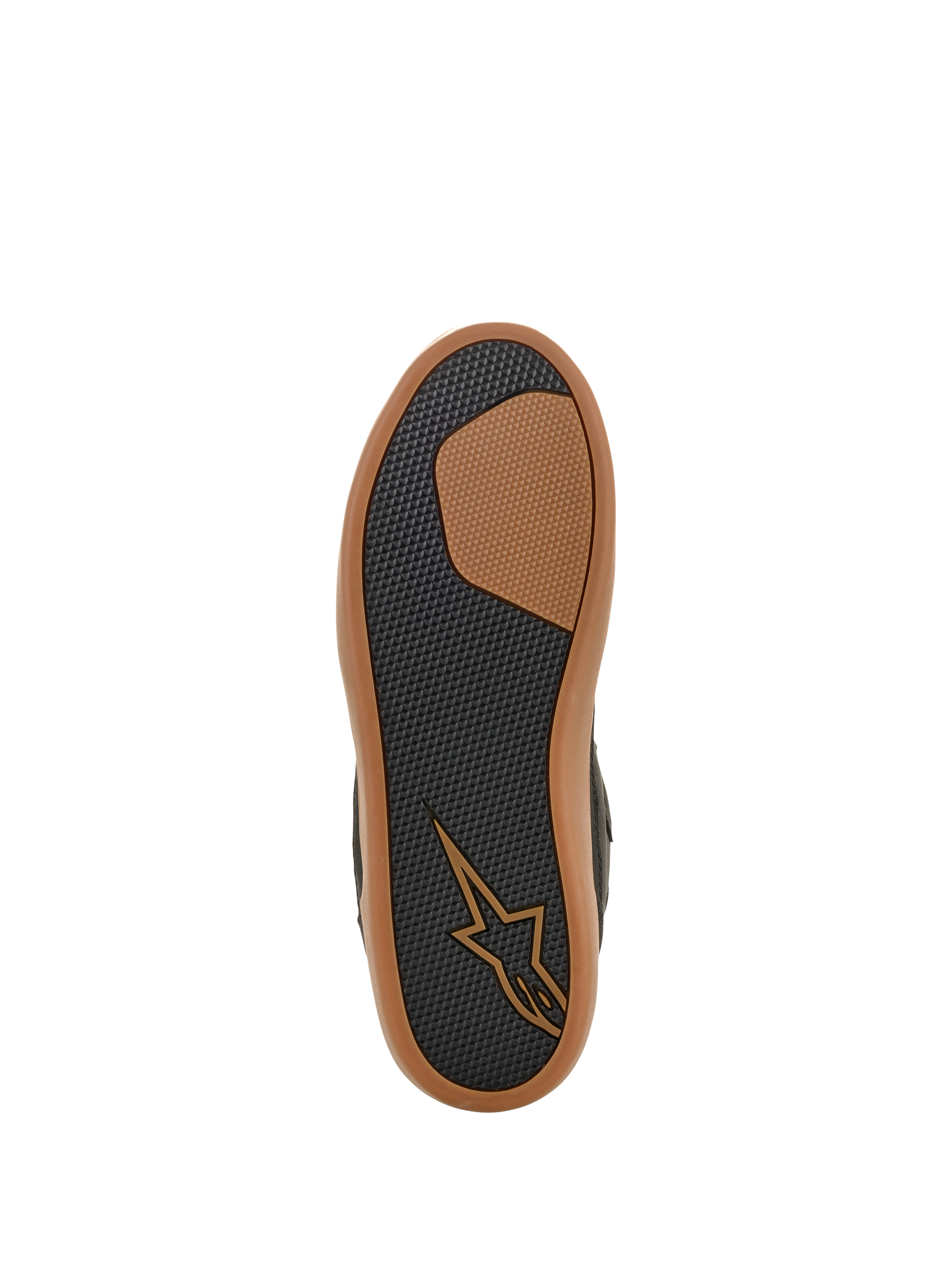 Alpinestars J-6 Waterproof Shoe, bottom sole view, Black and Gum, textured rubber tread for grip and durability, featuring tan Astars logo and gum-colored outer rim, sneaker-style motorcycle footwear
