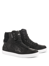 Alpinestars J-6 Waterproof Shoe, Motorcycle Riding Shoes, Black and White, high-top sneaker design, premium leather with lace-up closure, white rubber sole, featuring the Astar logo and waterproof tag, urban casual style for road riding