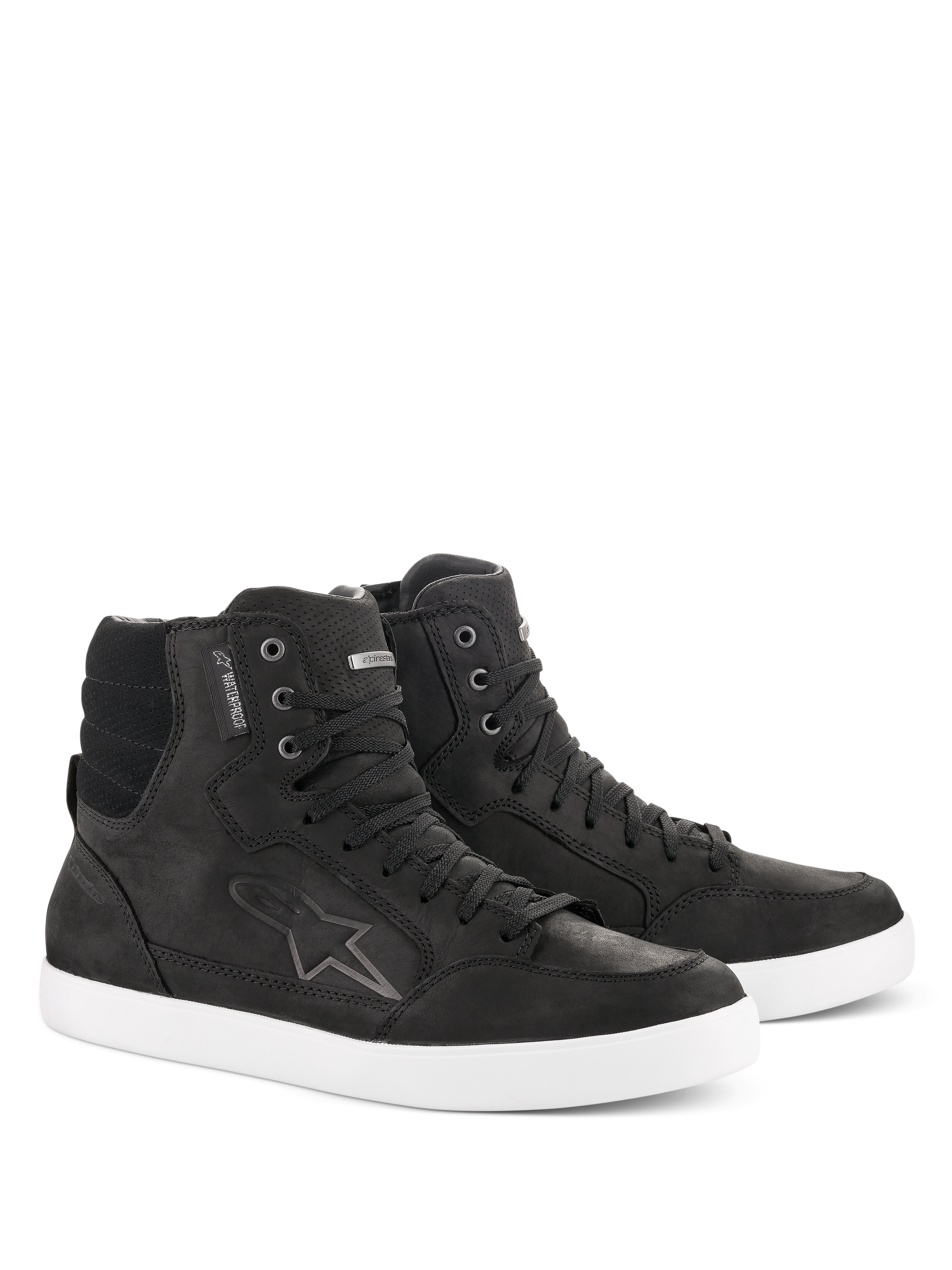 Alpinestars J-6 Waterproof Shoe, Motorcycle Riding Shoes, Black and White, high-top sneaker design, premium leather with lace-up closure, white rubber sole, featuring the Astar logo and waterproof tag, urban casual style for road riding