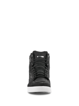 Alpinestars J-6 Waterproof Shoe, front view, Black leather riding shoe with White sole, sneaker-style design with black laces, featuring a waterproof label and silver logo detail, urban motorcycle footwear