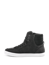 Alpinestars J-6 Waterproof Shoe, Black and White, side profile of high-top riding sneaker, black leather construction with a white rubber sole, urban motorcycle footwear featuring a lace-up design.