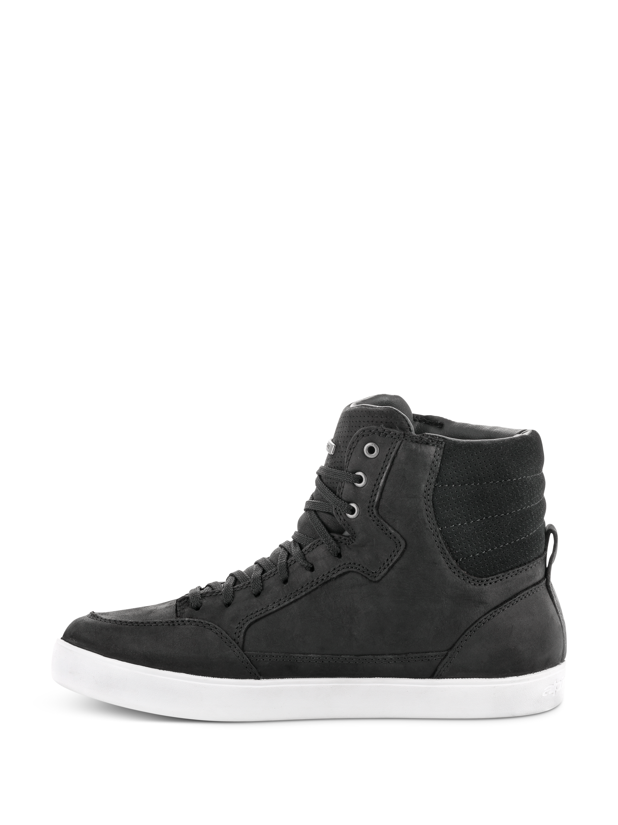 Alpinestars J-6 Waterproof Shoe, Black and White, side profile of high-top riding sneaker, black leather construction with a white rubber sole, urban motorcycle footwear featuring a lace-up design.
