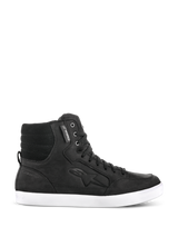 Alpinestars J-6 Waterproof Shoe, Black urban riding sneaker, high-top leather motorcycle footwear with a white flat sole, padded quilted ankle, metal eyelets, waterproof tag, embossed side logo, street-inspired design for daily use