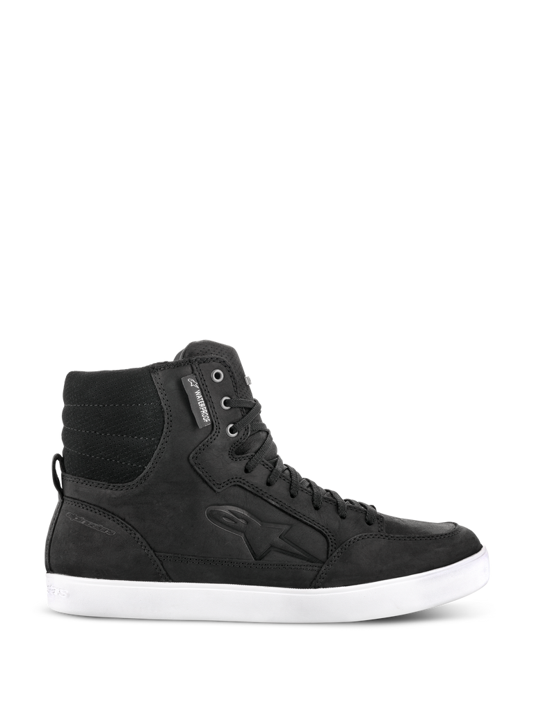 Alpinestars J-6 Waterproof Shoe, Black urban riding sneaker, high-top leather motorcycle footwear with a white flat sole, padded quilted ankle, metal eyelets, waterproof tag, embossed side logo, street-inspired design for daily use