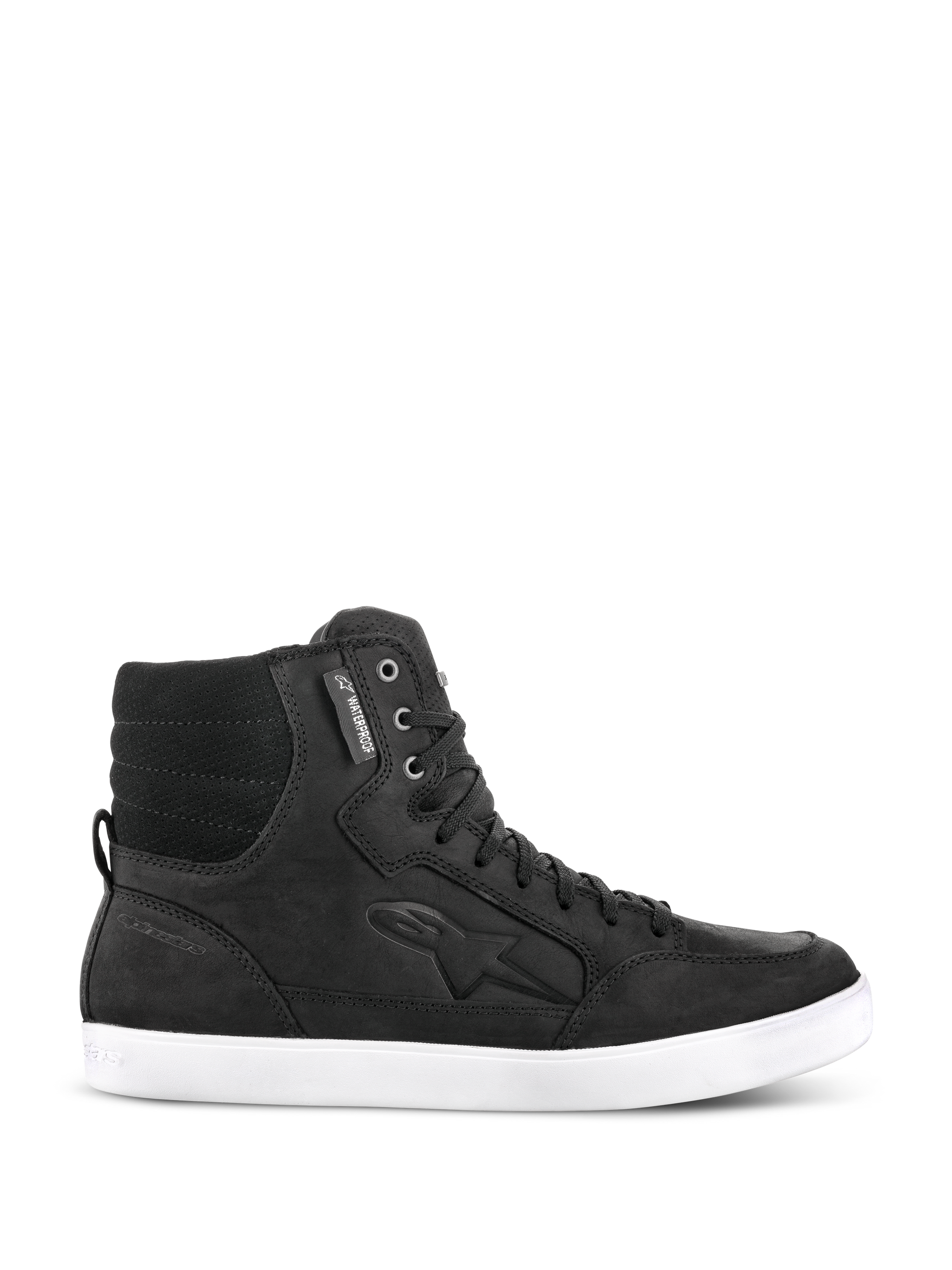Alpinestars J-6 Waterproof Shoe, Black urban riding sneaker, high-top leather motorcycle footwear with a white flat sole, padded quilted ankle, metal eyelets, waterproof tag, embossed side logo, street-inspired design for daily use