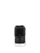 Alpinestars J-6 Waterproof Shoe, Motorcycle Riding Shoe, Black and White, rear view showing the heel and textured leather upper with a white rubber sole