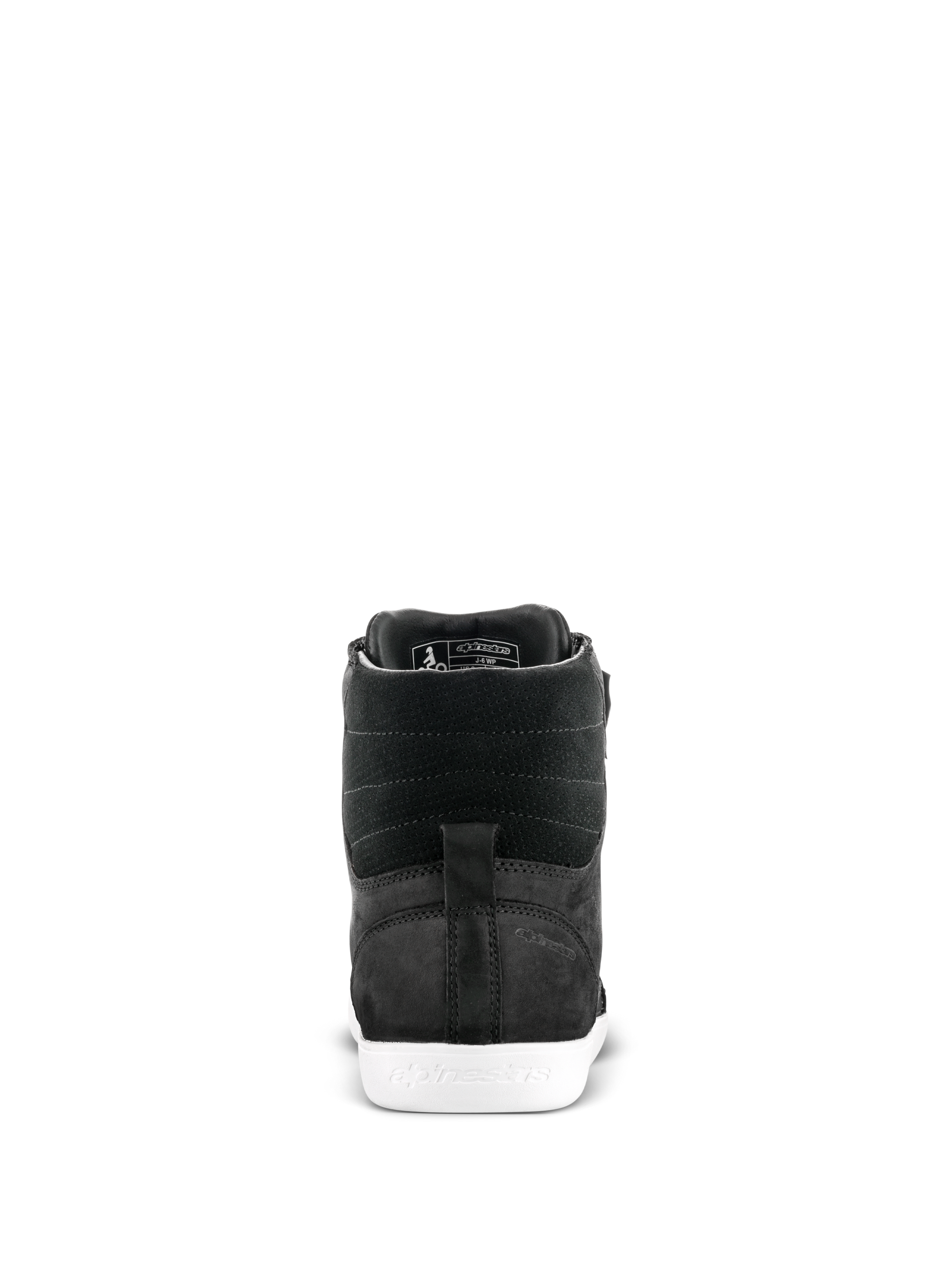 Alpinestars J-6 Waterproof Shoe, Motorcycle Riding Shoe, Black and White, rear view showing the heel and textured leather upper with a white rubber sole