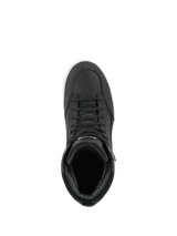 Alpinestars J-6 Waterproof Shoe, Black and White, top-down view of sneaker-style motorcycle riding boot, premium black leather construction with matching laces and white sole detail, urban road riding footwear