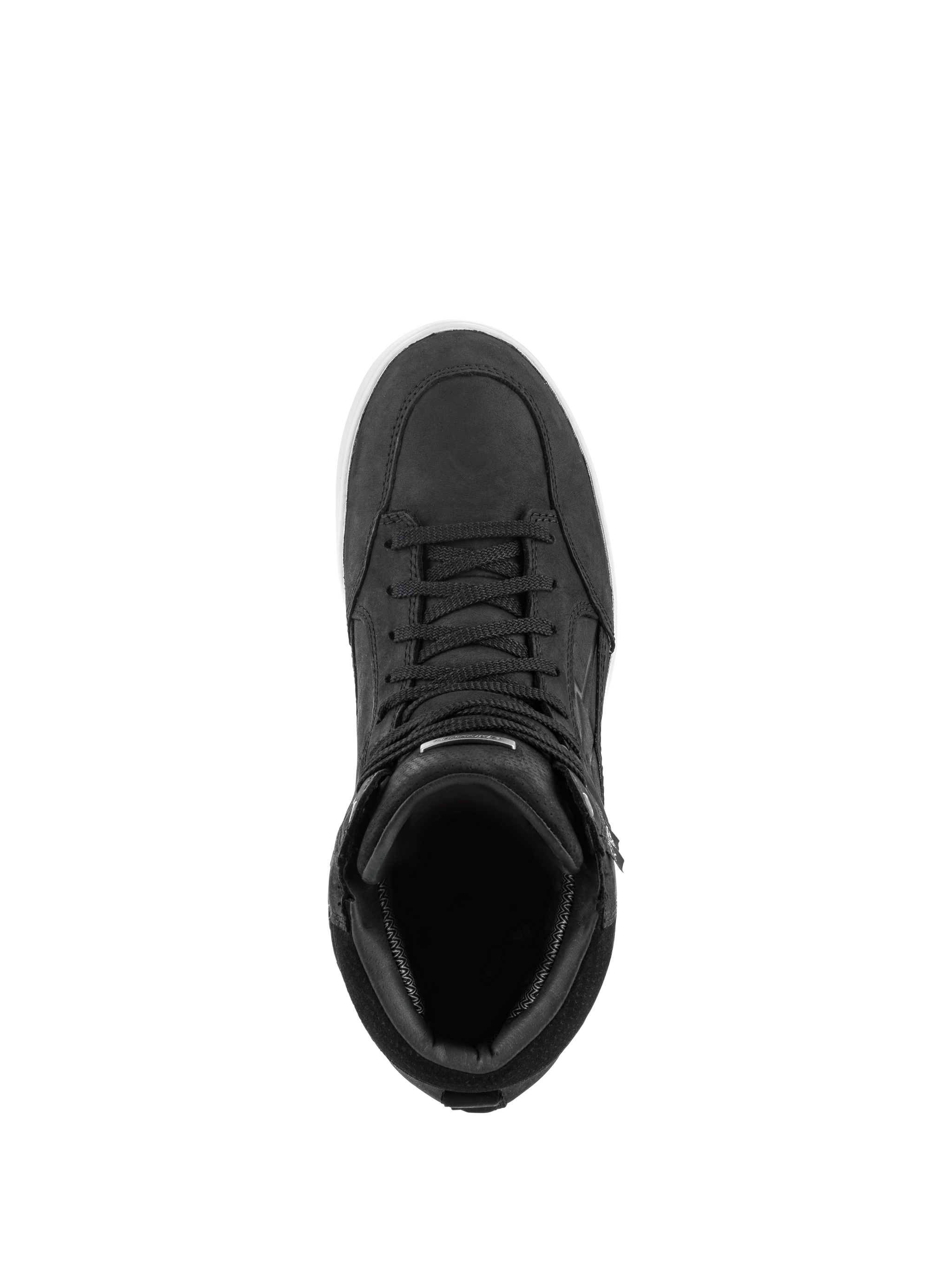 Alpinestars J-6 Waterproof Shoe, Black and White, top-down view of sneaker-style motorcycle riding boot, premium black leather construction with matching laces and white sole detail, urban road riding footwear