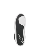 Alpinestars J-6 Waterproof Shoe, Black and White, bottom view showing the advanced rubber sole, textured grip pattern for durability, white star logo on the heel, urban motorcycle riding footwear