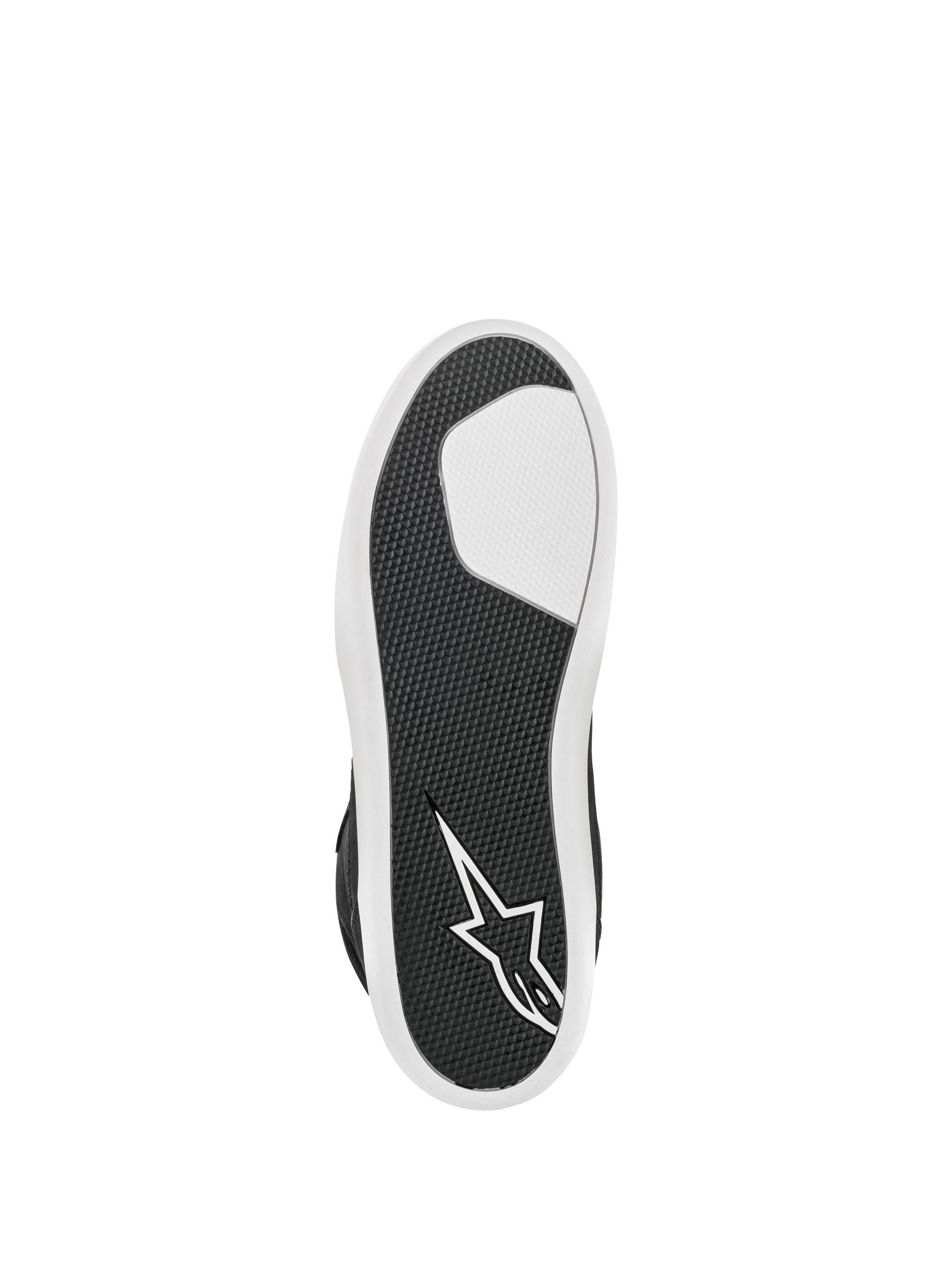 Alpinestars J-6 Waterproof Shoe, Black and White, bottom view showing the advanced rubber sole, textured grip pattern for durability, white star logo on the heel, urban motorcycle riding footwear