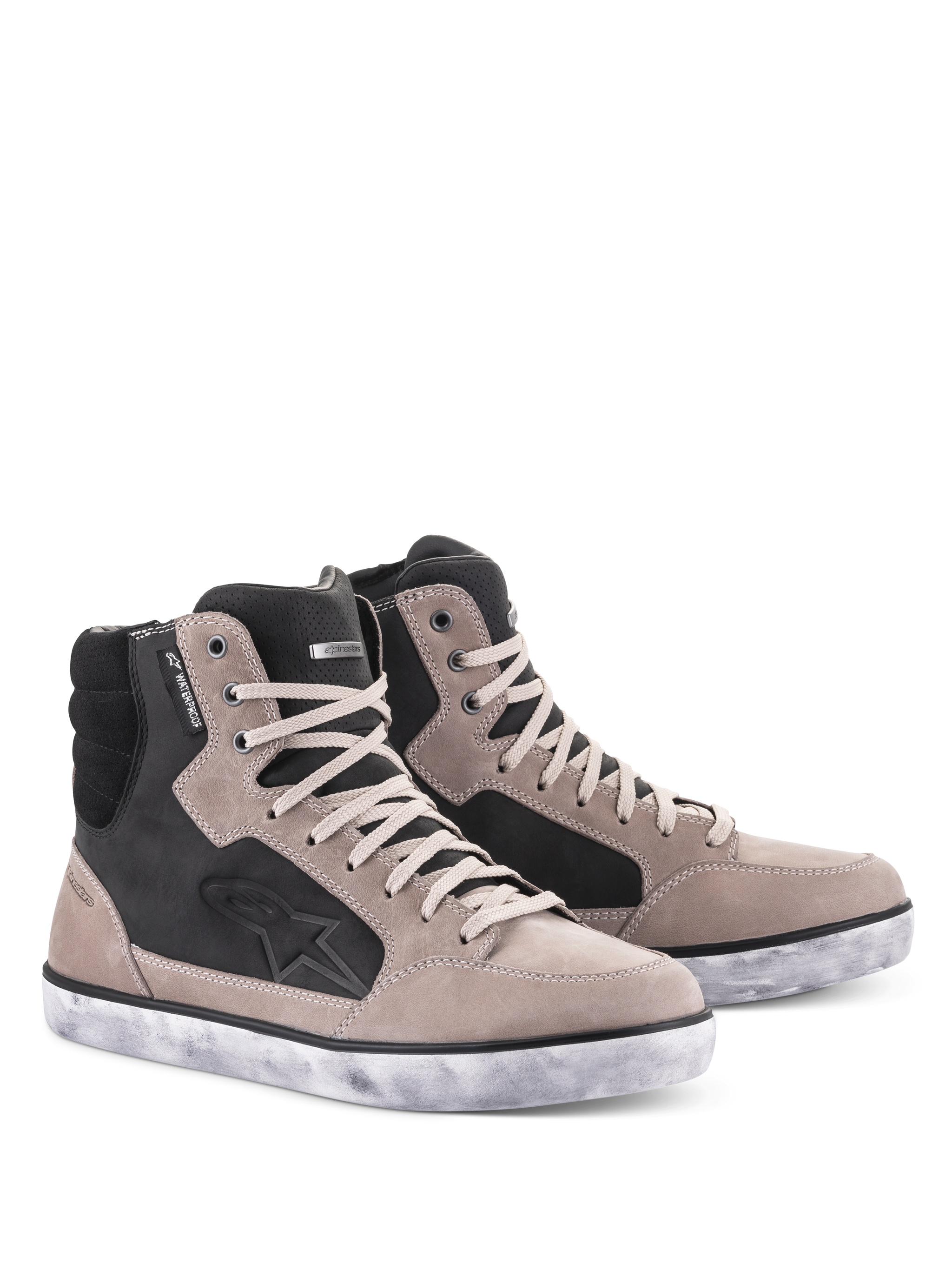 Alpinestars J-6 Waterproof Shoe, Motorcycle Riding Shoes, Black Flint and White, high-top sneaker design with distressed white sole, suede and leather upper featuring a star logo and waterproof tag, urban riding footwear