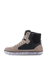 Alpinestars J-6 Waterproof Shoe, Motorcycle Riding Shoe, Black Flint White, high-top sneaker style featuring flint grey and black leather panels, cream laces, and a mottled white rubber sole, casual urban design for motorcycling