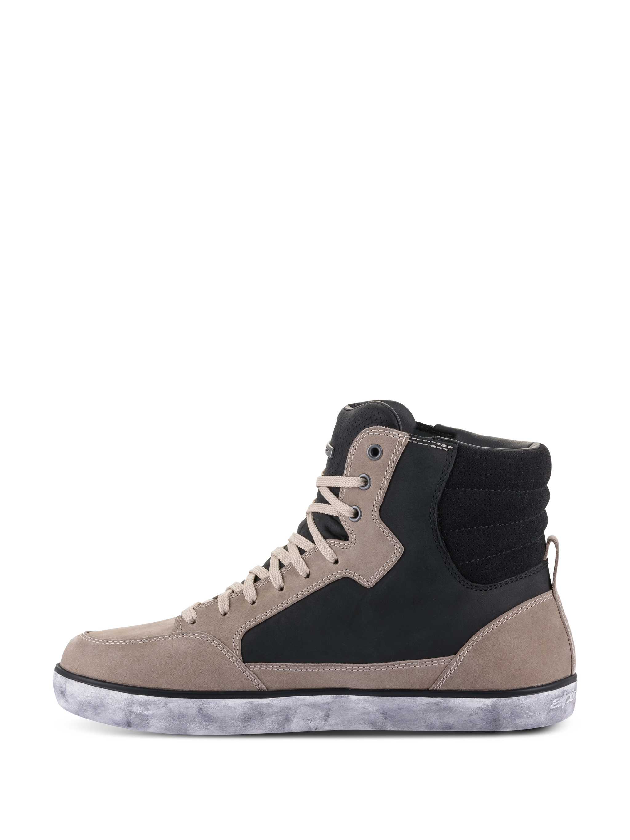 Alpinestars J-6 Waterproof Shoe, Motorcycle Riding Shoe, Black Flint White, high-top sneaker style featuring flint grey and black leather panels, cream laces, and a mottled white rubber sole, casual urban design for motorcycling