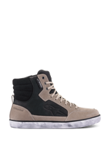 Alpinestars J-6 Waterproof Shoe, Motorcycle Riding Shoe, Black Flint White, leather high-top sneaker design with a distressed white sole, featuring a waterproof tag and embossed side logo
