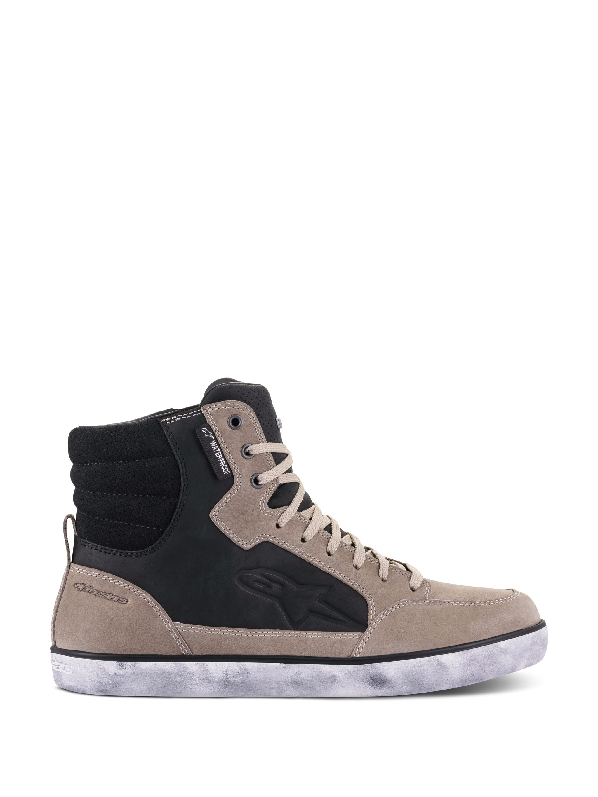 Alpinestars J-6 Waterproof Shoe, Motorcycle Riding Shoe, Black Flint White, leather high-top sneaker design with a distressed white sole, featuring a waterproof tag and embossed side logo