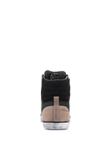 Alpinestars J-6 Waterproof Shoe, Motorcycle Riding Shoe, Black Flint White, Rear view showing black leather upper, tan heel panel with embossed logo, and distressed white rubber sole with Alpinestars branding