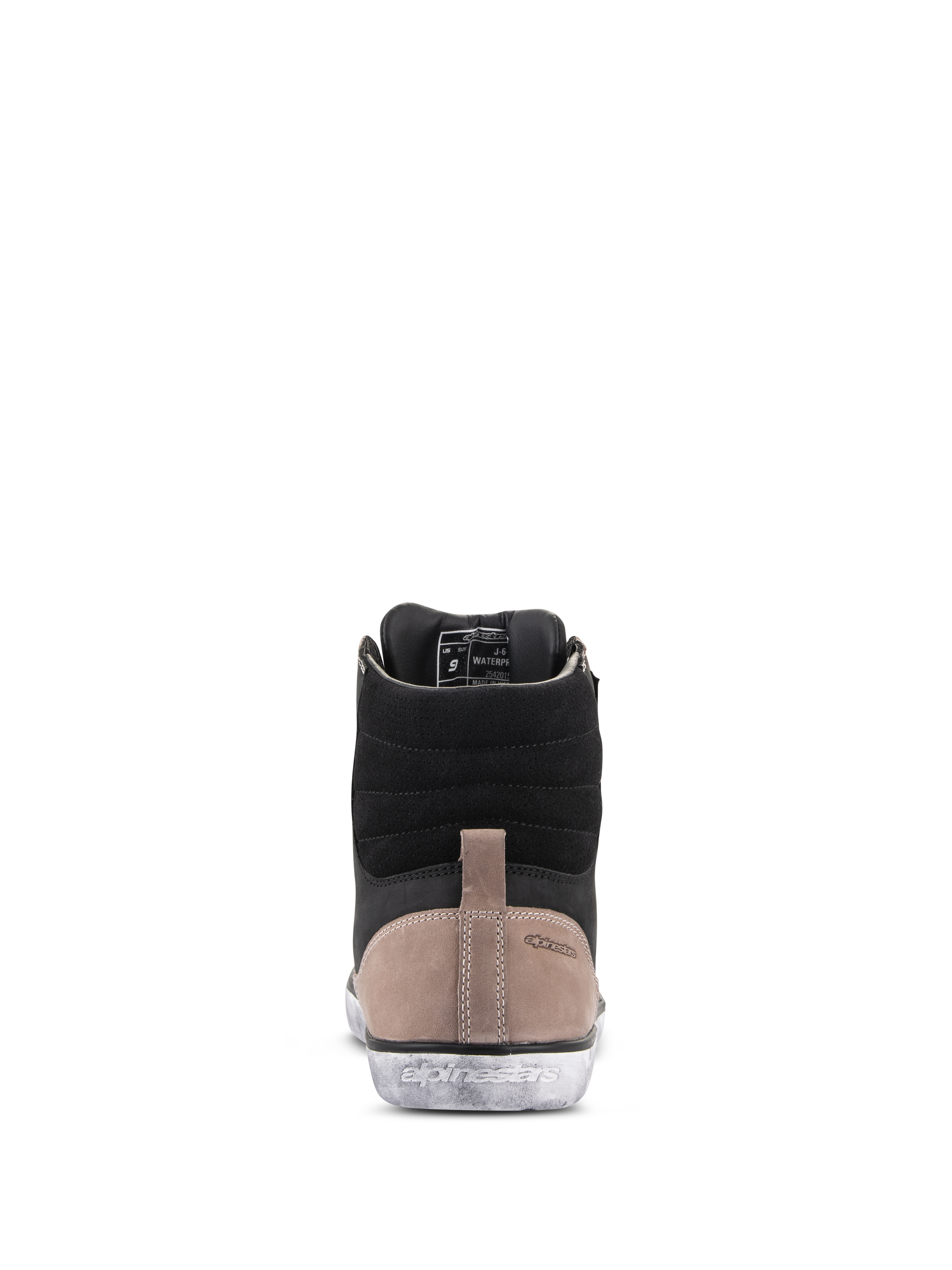 Alpinestars J-6 Waterproof Shoe, Motorcycle Riding Shoe, Black Flint White, Rear view showing black leather upper, tan heel panel with embossed logo, and distressed white rubber sole with Alpinestars branding