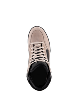 Alpinestars J-6 Waterproof Shoe, Urban Motorcycle Riding Shoe, Black Flint White, top-down view showing suede leather upper, white laces, and black padded collar, casual sneaker-inspired design for motorcycle commuting