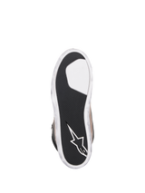 Alpinestars J-6 Waterproof Shoe, Motorcycle Riding Shoe, Black Flint White, bottom view of the outsole featuring textured black rubber for grip, white Alpinestars star logo on the heel, and distressed white edges