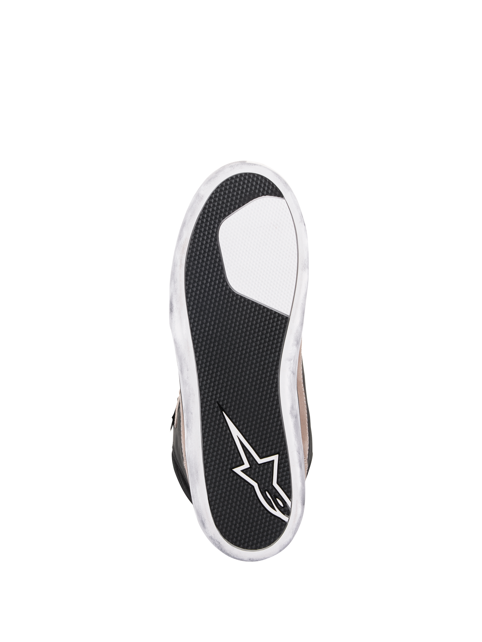 Alpinestars J-6 Waterproof Shoe, Motorcycle Riding Shoe, Black Flint White, bottom view of the outsole featuring textured black rubber for grip, white Alpinestars star logo on the heel, and distressed white edges
