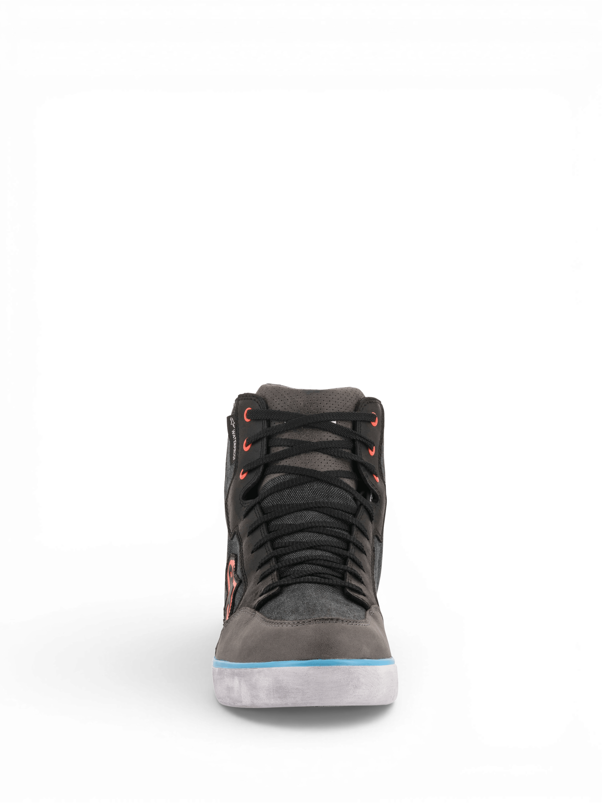 Alpinestars J-6 Waterproof Canvas Riding Shoe, gray and black urban motorcycle sneaker with light blue accents.