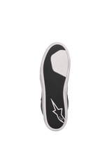 Alpinestars J-6 Waterproof Riding Shoe sole, Black and White vulcanized rubber cup outsole with grip and star logo.