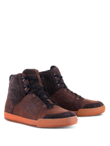 Alpinestars Chrome Crafted Drystar® Shoes, Urban Riding Shoes, Brown and Gum, high-top leather and suede construction, black laces, gum rubber sole, featuring embossed logo and Drystar branding, contemporary casual motorcycle footwear