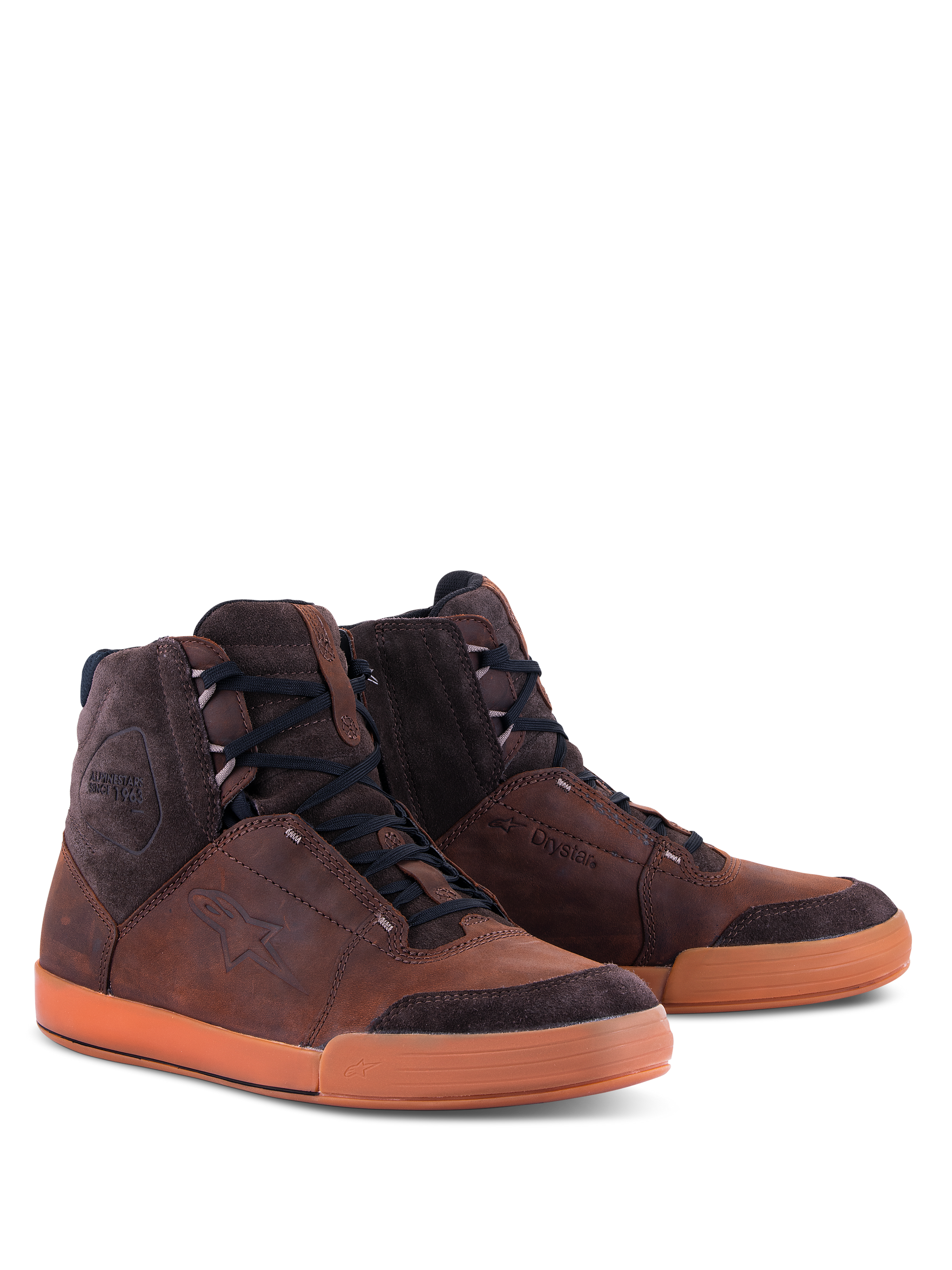 Alpinestars Chrome Crafted Drystar® Shoes, Urban Riding Shoes, Brown and Gum, high-top leather and suede construction, black laces, gum rubber sole, featuring embossed logo and Drystar branding, contemporary casual motorcycle footwear