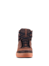 Alpinestars Chrome Crafted Drystar® Shoes, Urban Riding Shoes, Brown leather with dark brown suede accents, gum-colored rubber sole, front-facing view, black laces, casual contemporary motorcycle footwear