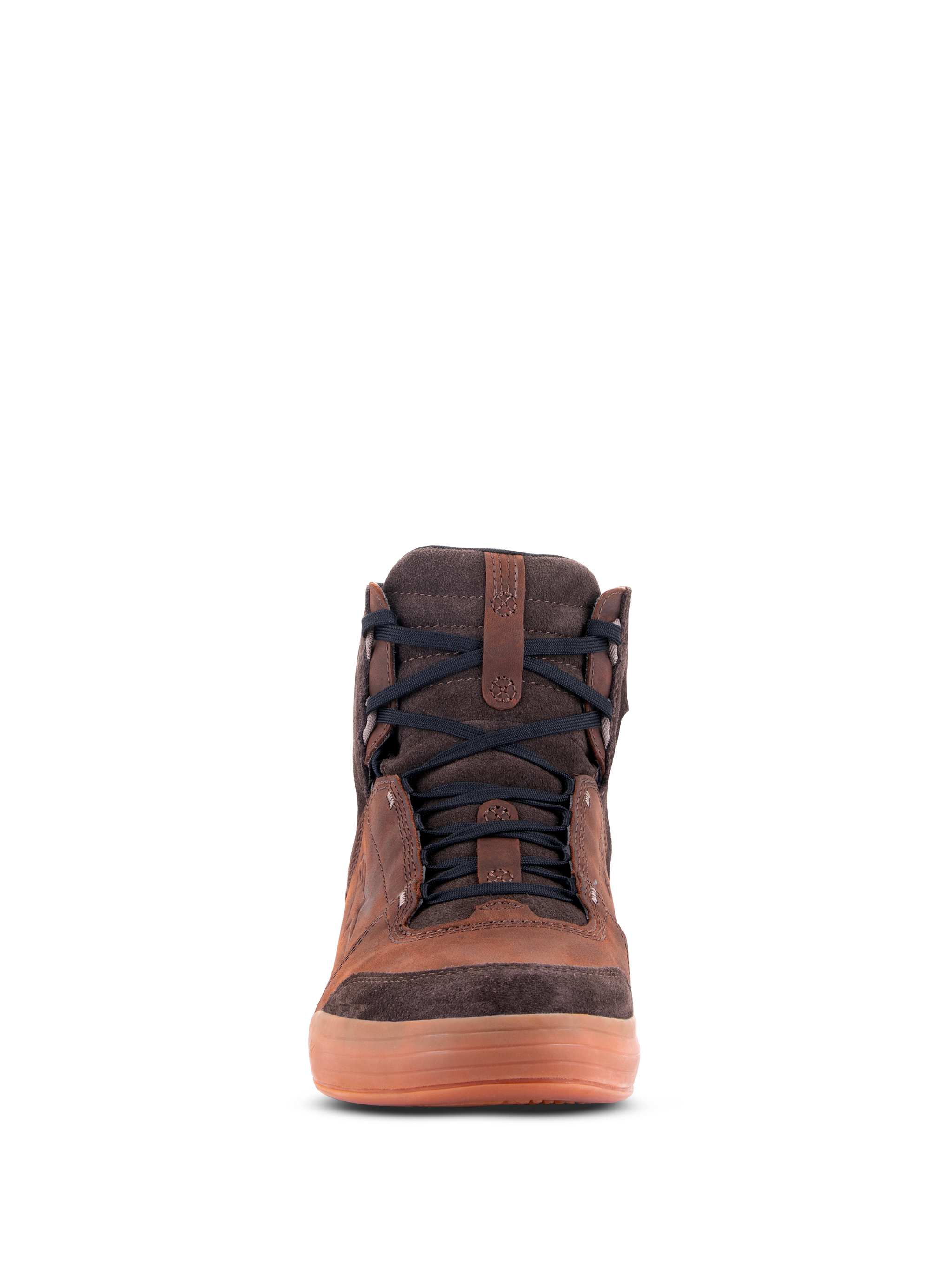 Alpinestars Chrome Crafted Drystar® Shoes, Urban Riding Shoes, Brown leather with dark brown suede accents, gum-colored rubber sole, front-facing view, black laces, casual contemporary motorcycle footwear