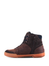 Alpinestars Chrome Crafted Drystar® Shoes, Urban Motorcycle Riding Shoes, Brown and Gum, side profile showing premium leather and suede panels, gum-colored rubber sole, side zipper for easy entry, and embossed Drystar branding, casual streetwear style for urban motorcycling.