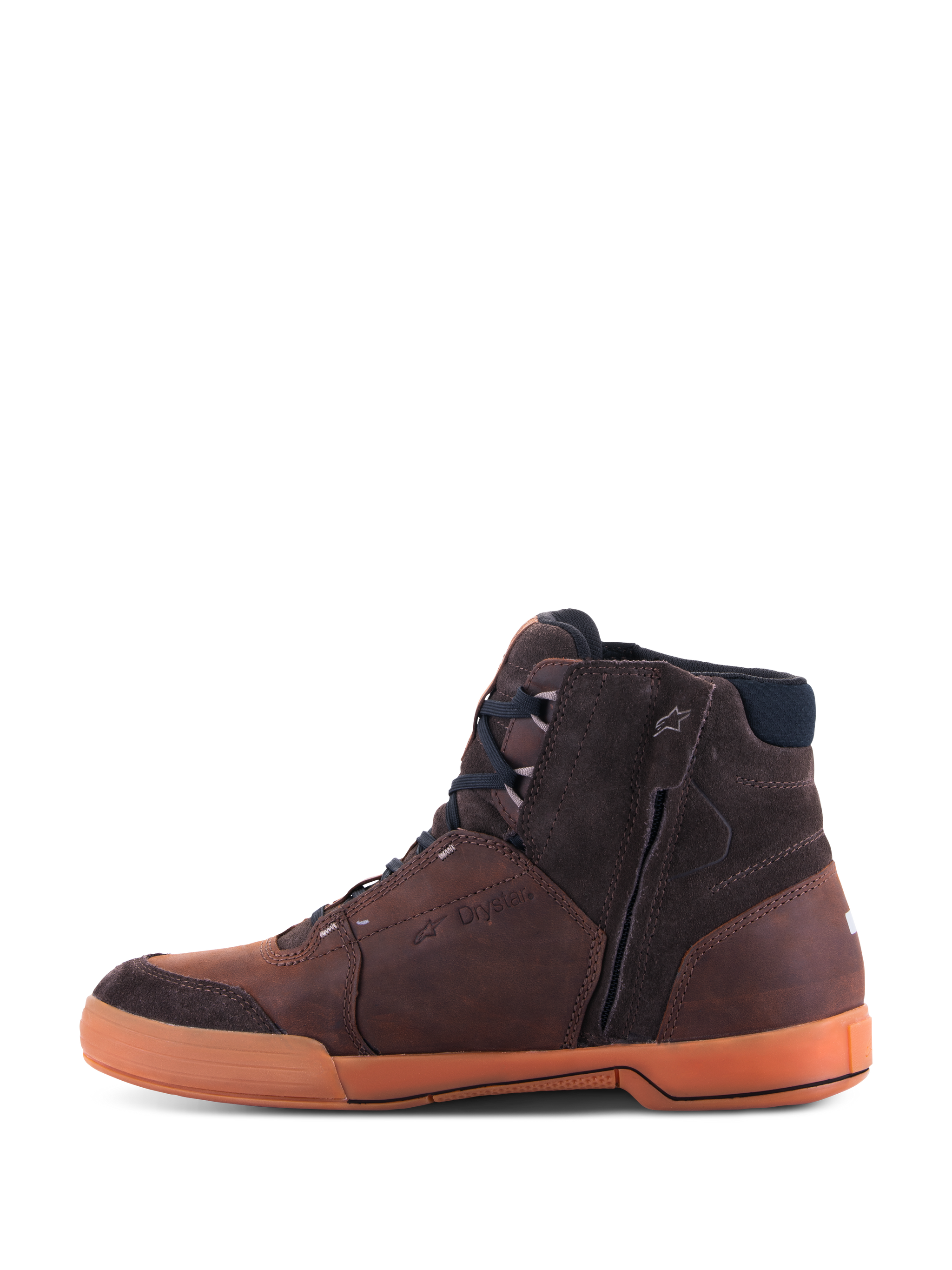 Alpinestars Chrome Crafted Drystar® Shoes, Urban Motorcycle Riding Shoes, Brown and Gum, side profile showing premium leather and suede panels, gum-colored rubber sole, side zipper for easy entry, and embossed Drystar branding, casual streetwear style for urban motorcycling.