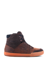 Alpinestars Chrome Crafted Drystar® Shoes, Brown Gum high-top urban riding sneakers, side view showing waterproof leather construction, dark brown suede accents, and a distinctive orange gum sole.