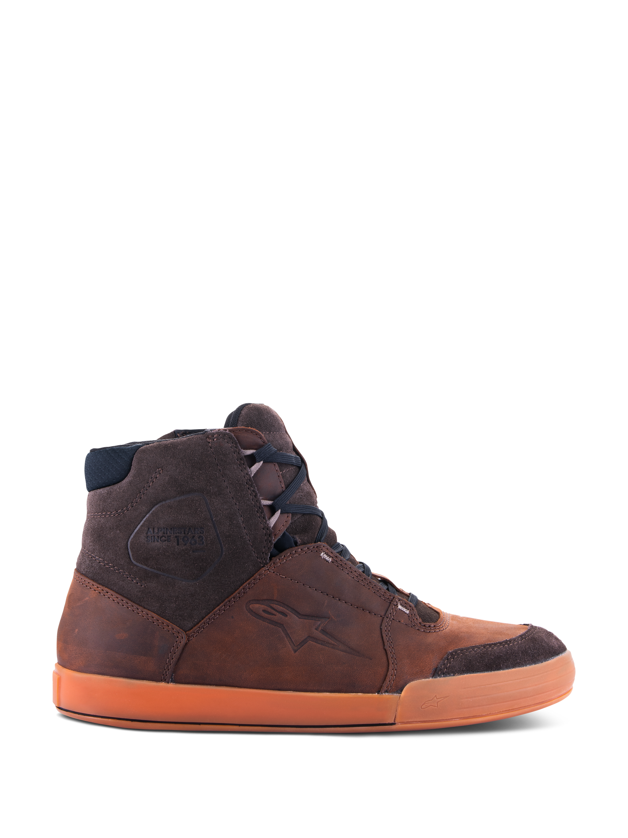 Alpinestars Chrome Crafted Drystar® Shoes, Brown Gum high-top urban riding sneakers, side view showing waterproof leather construction, dark brown suede accents, and a distinctive orange gum sole.