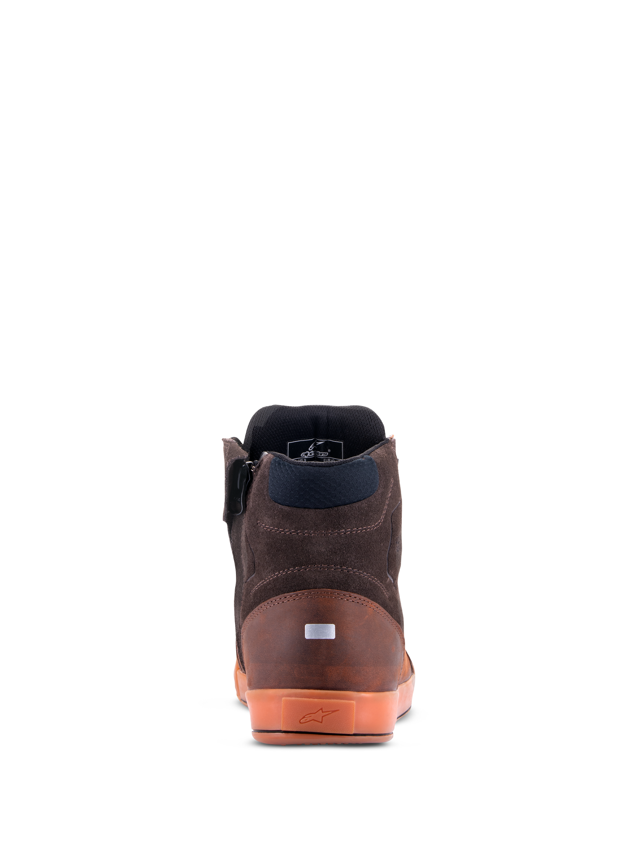 Alpinestars Chrome Crafted Drystar® Shoes, rear view, Brown Gum, casual urban motorcycle shoes, leather and suede construction, translucent gum sole with embossed logo, reflective heel detail