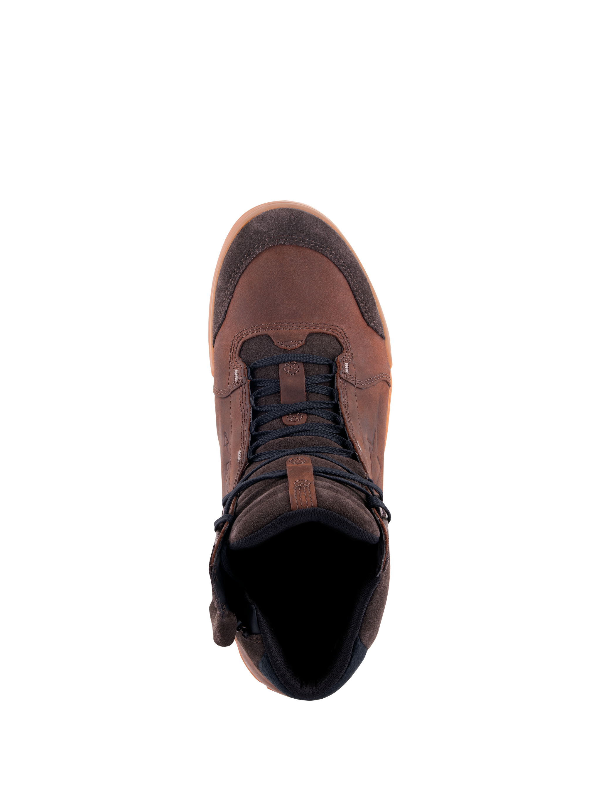 Alpinestars Chrome Crafted Drystar® Shoes, Urban Riding Shoes, Brown Gum, Top-down view, leather and suede upper with dark laces and gum sole, casual waterproof motorcycle footwear