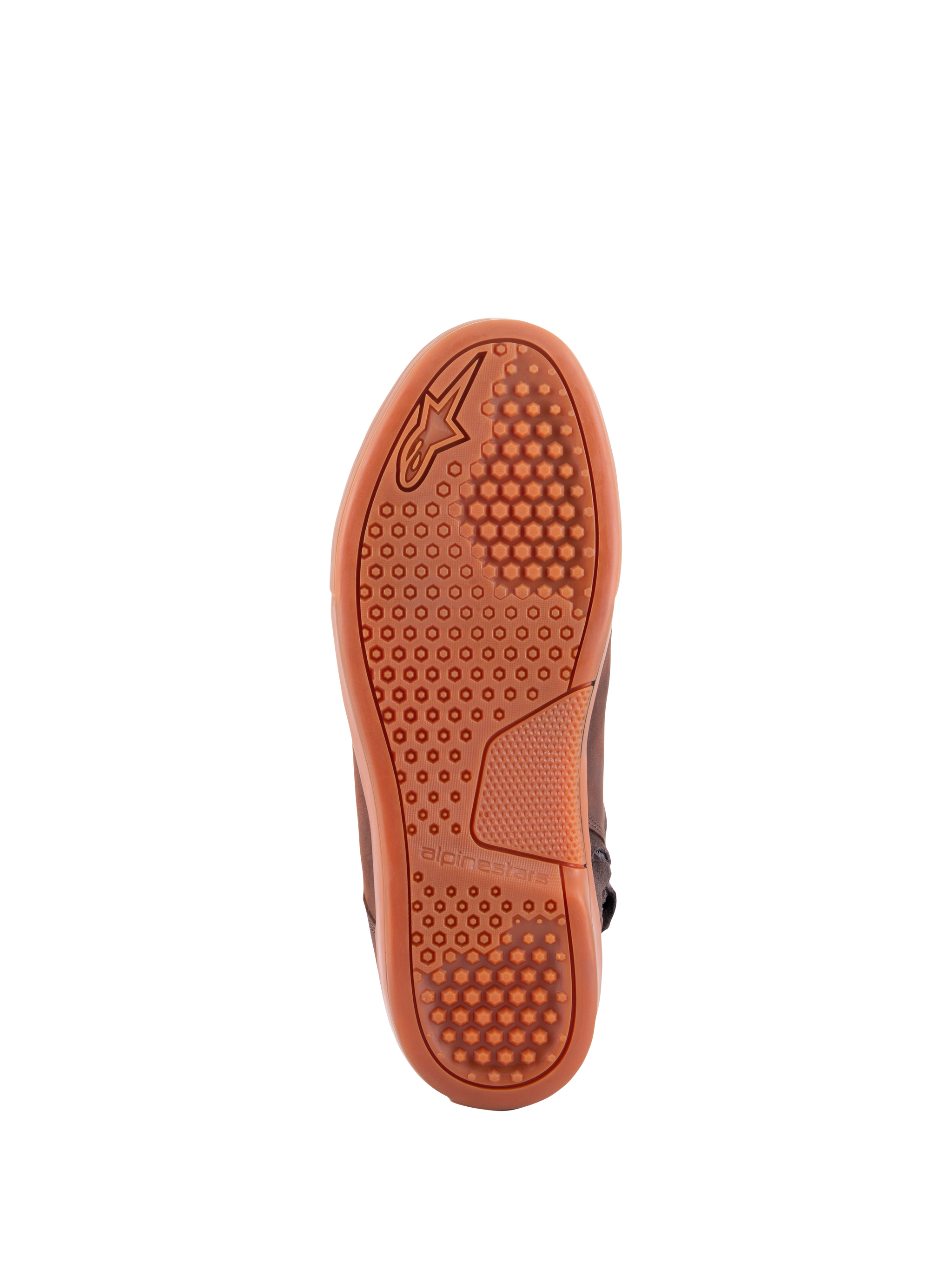 Alpinestars Chrome Crafted Drystar® Shoes, Brown Gum, bottom view showing gum rubber sole with hexagonal grip pattern and embossed Alpinestars branding, urban motorcycle riding footwear