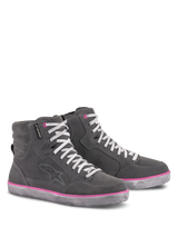 Alpinestars Women's J-6 Waterproof Shoes, Riding Shoes, Light Gray with Fuchsia accents, high-top sneaker-style design, suede and leather upper, white laces, pink trim on sole and eyelets, urban motorcycle gear