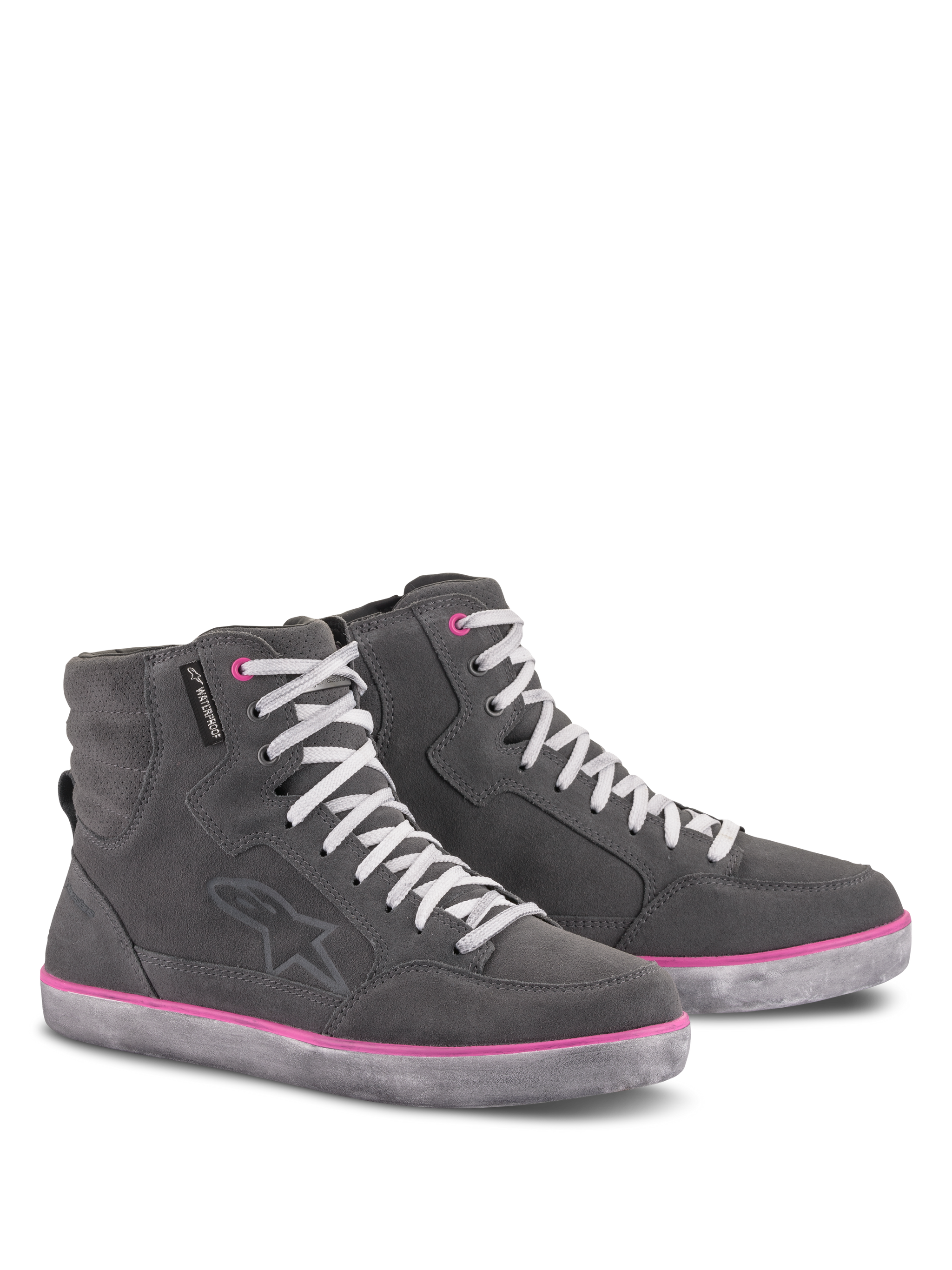 Alpinestars Women's J-6 Waterproof Shoes, Riding Shoes, Light Gray with Fuchsia accents, high-top sneaker-style design, suede and leather upper, white laces, pink trim on sole and eyelets, urban motorcycle gear