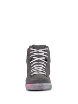 Alpinestars Women's J-6 Waterproof Shoes, Motorcycle Riding Shoes, Light Gray and Fuchsia, front view of sneaker-style high-top with white laces and pink accents, waterproof leather and suede construction