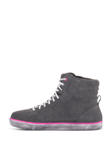 Alpinestars Women's J-6 Waterproof Shoes, Riding Shoes, Light Gray and Fuchsia, high-top sneaker design with gray suede upper, white laces, fuchsia accents, and a distressed gray rubber sole