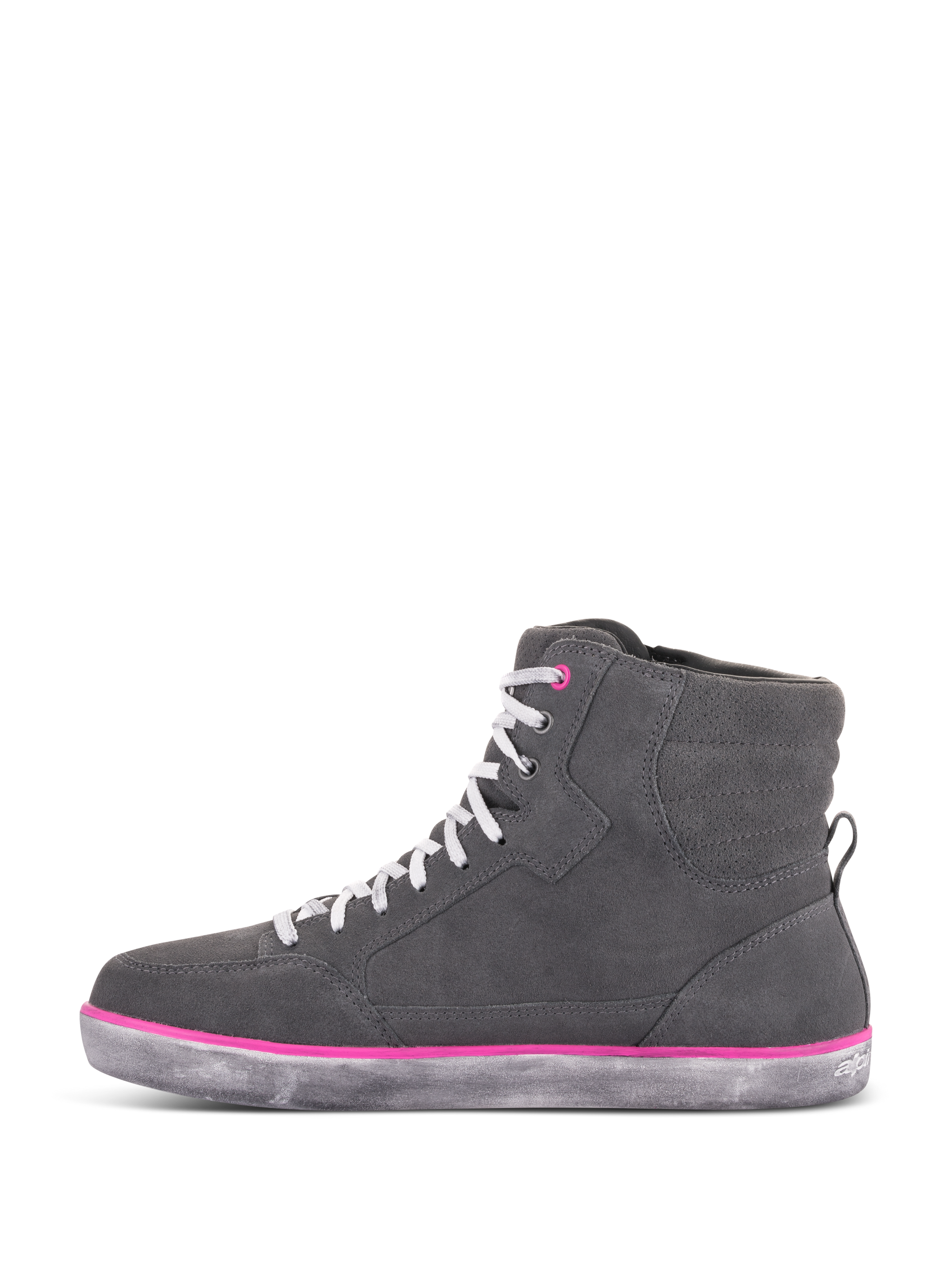 Alpinestars Women's J-6 Waterproof Shoes, Riding Shoes, Light Gray and Fuchsia, high-top sneaker design with gray suede upper, white laces, fuchsia accents, and a distressed gray rubber sole