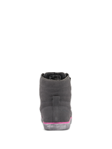 Alpinestars Women's J-6 Waterproof Riding Shoe, Gray and Fuchsia, rear view, suede upper with pink midsole detail and embossed logo on the rubber sole, urban motorcycle footwear