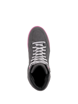 Alpinestars Women's J-6 Waterproof Shoes, Riding Shoes, Gray and Fuchsia, top-down view showing suede and leather construction, light gray laces, and bright pink sole trim.