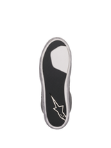 Alpinestars Women's J-6 Waterproof Shoes, Outsole View, Black textured rubber sole with white insert and Alpinestars star logo on the heel, silver-gray perimeter, durable grip design
