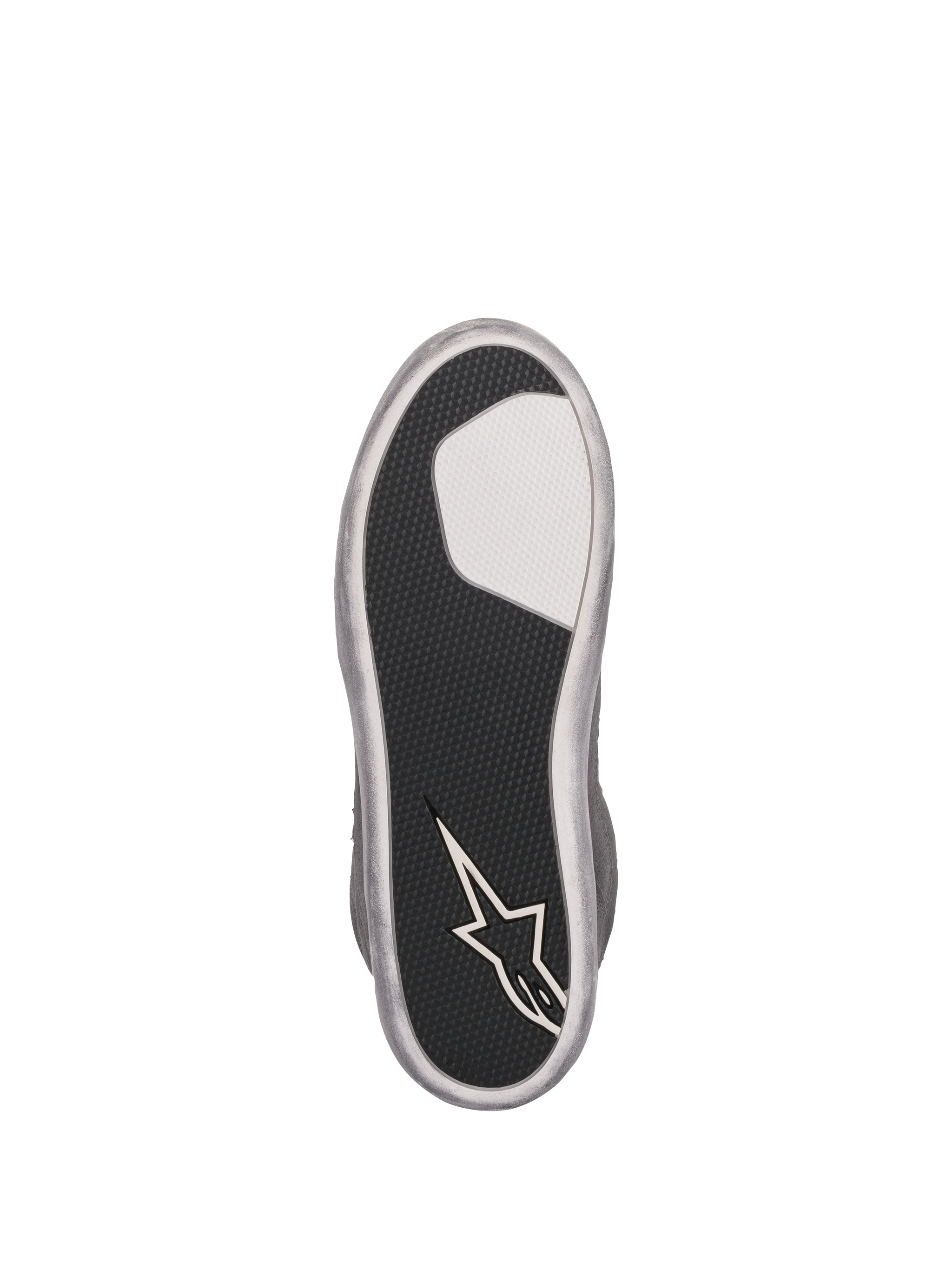 Alpinestars Women's J-6 Waterproof Shoes, Outsole View, Black textured rubber sole with white insert and Alpinestars star logo on the heel, silver-gray perimeter, durable grip design